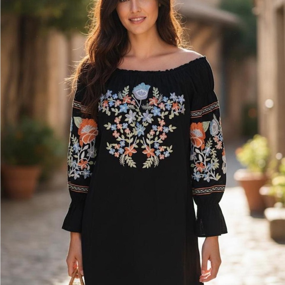 Free People Floral Embroidered Black Dress